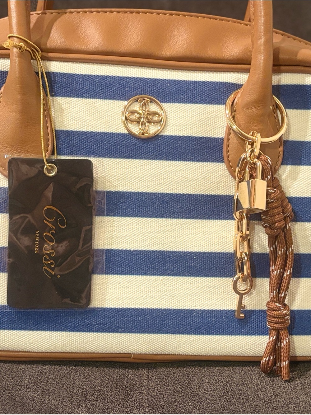 Grossl Nautical Blue and Tan Striped Tote